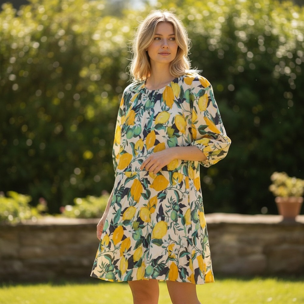 H&M Dress Women's Small Yellow Lemon Print 3/4 Sleeve Cotton Mini A-Line